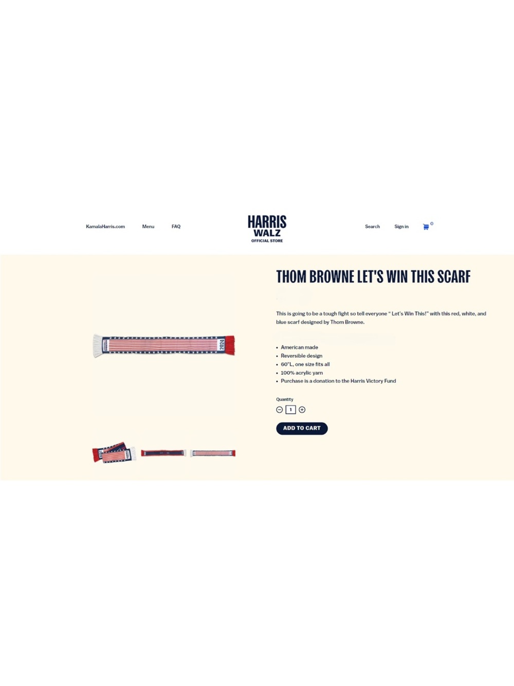 THOM BROWNE Let's Win This Harris for President 2024 Scarf - SOLD OUT! - Picture 5 of 7